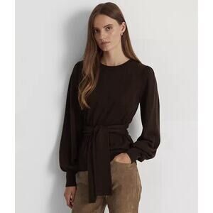 Lauren Ralph Lauren Brown Puff Sleeve Belted Crew Neck Sweater Brown Slim Medium